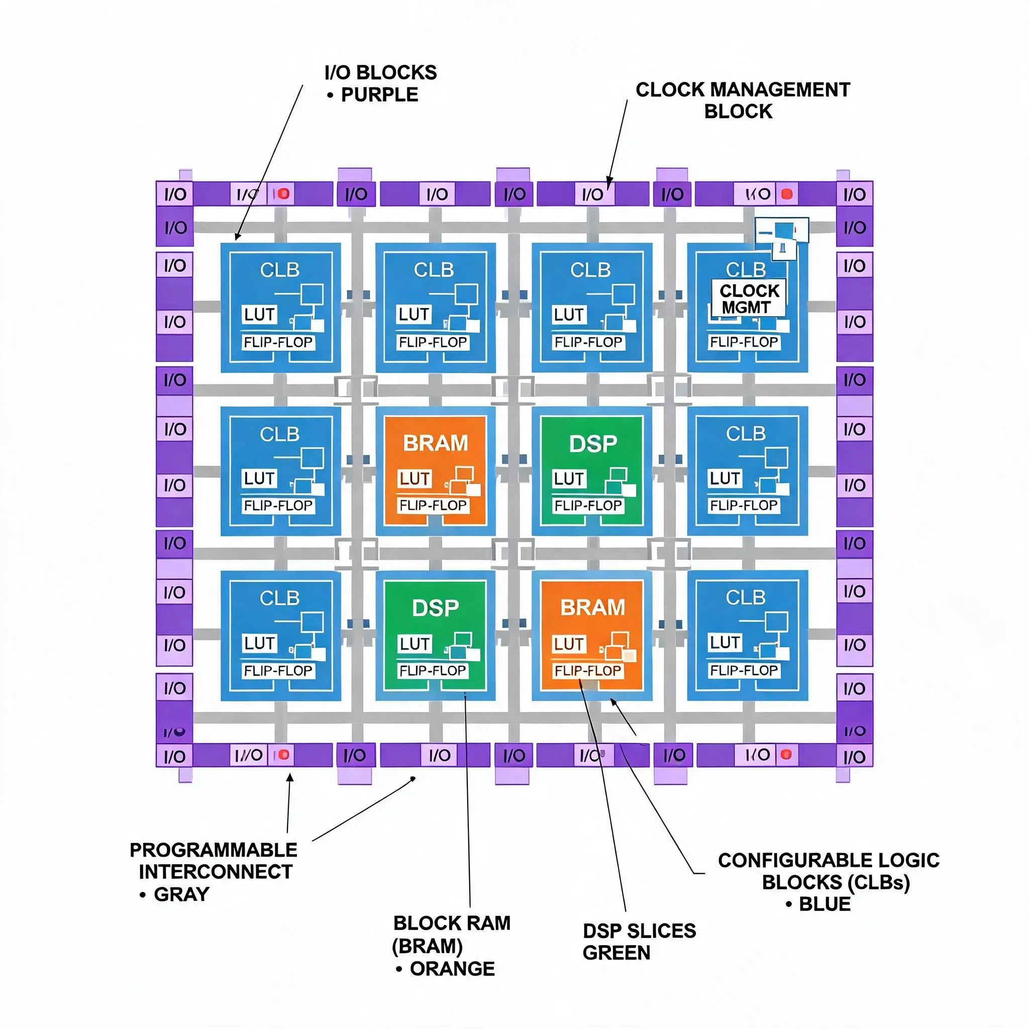 FPGA 内部架构图：CLB 网格、可编程互连、BRAM、DSP 切片、I/O 模块