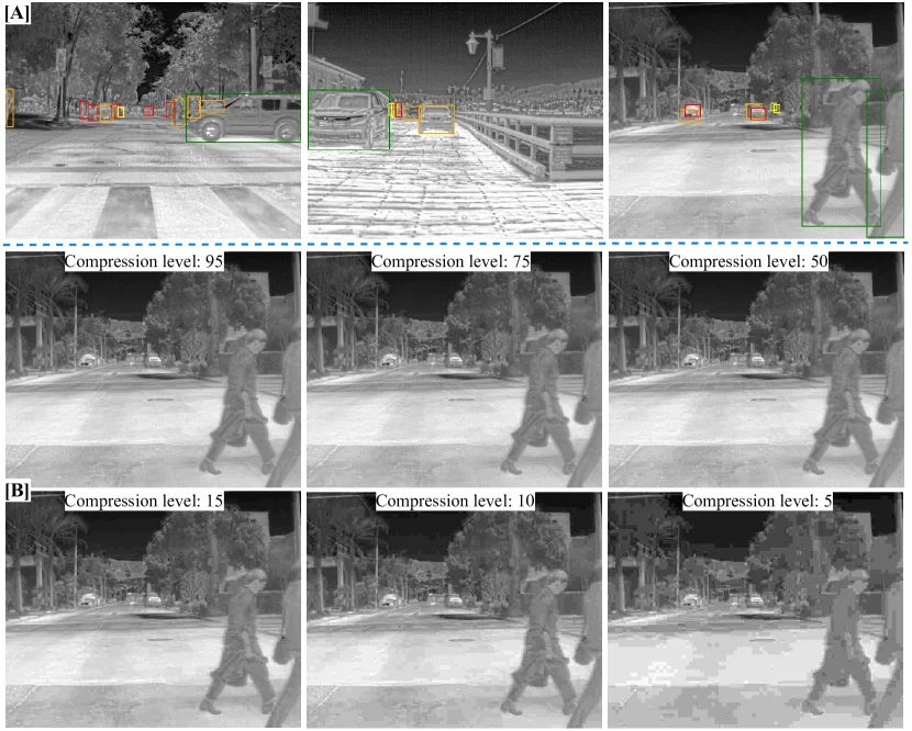 Thermal images with detections and the same scene degraded at JPEG compression levels 95 to 5