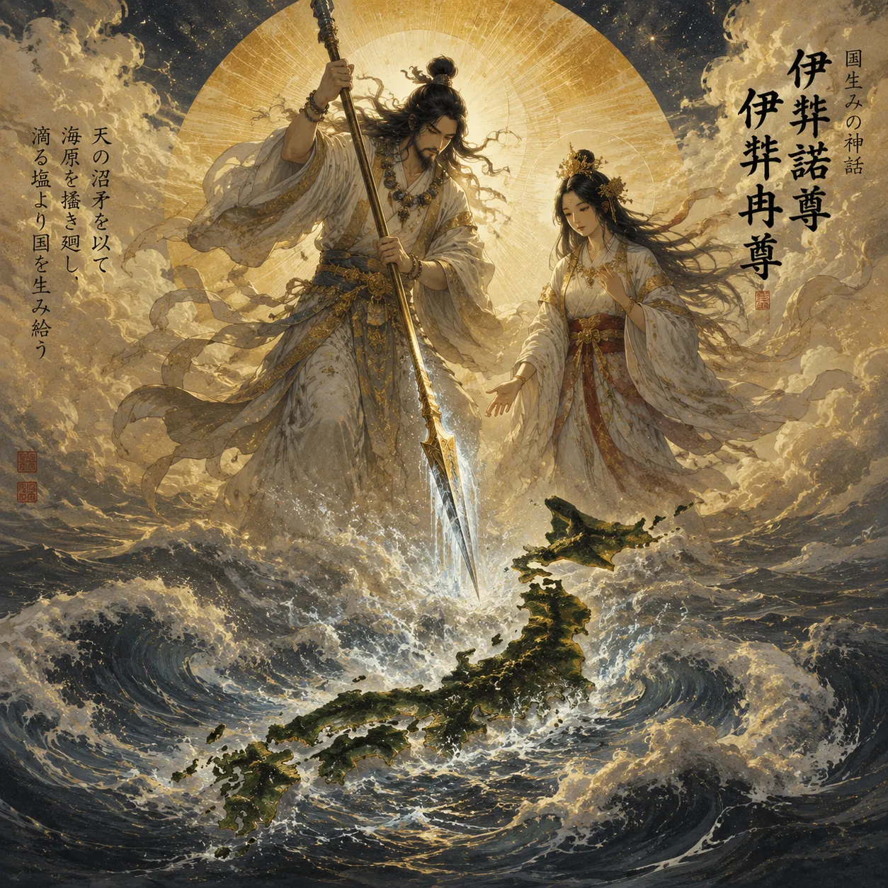 伊邪那岐与伊邪那美以天之琼矛拨动原初之海，创造日本列岛