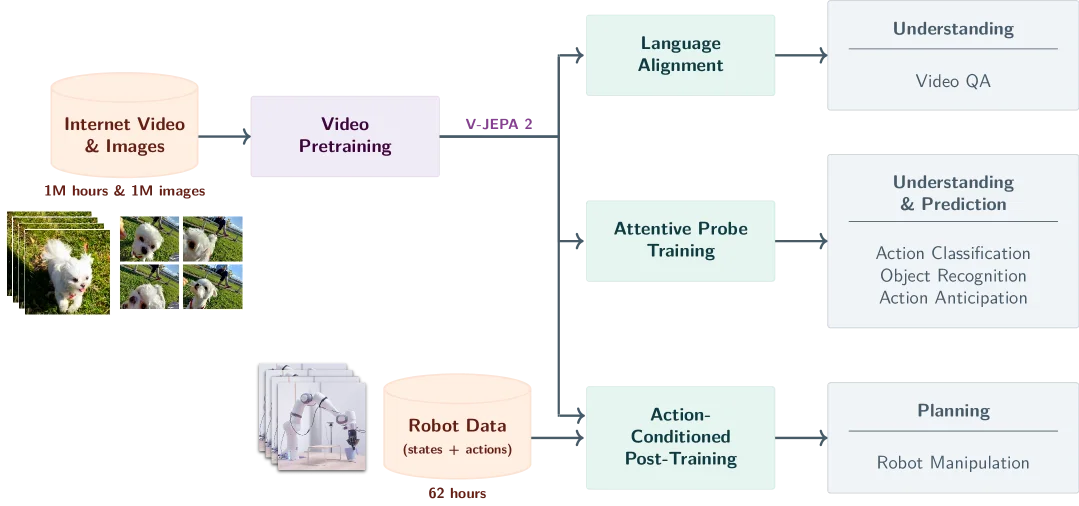 V-JEPA 2 pretraining and downstream tasks overview
